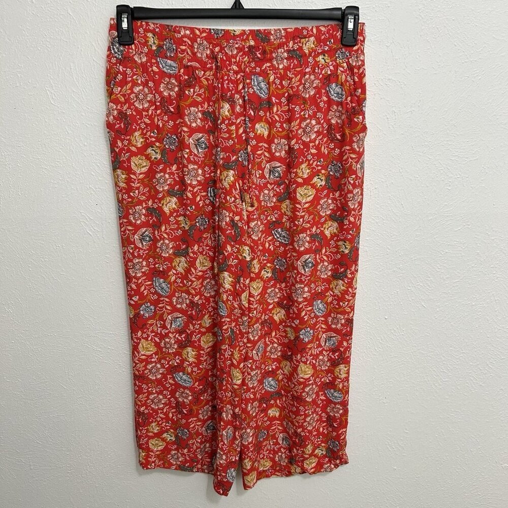 Loft Red Colorful Floral Wide Leg Ankle Pants Size M Drawstring Pockets Comfy